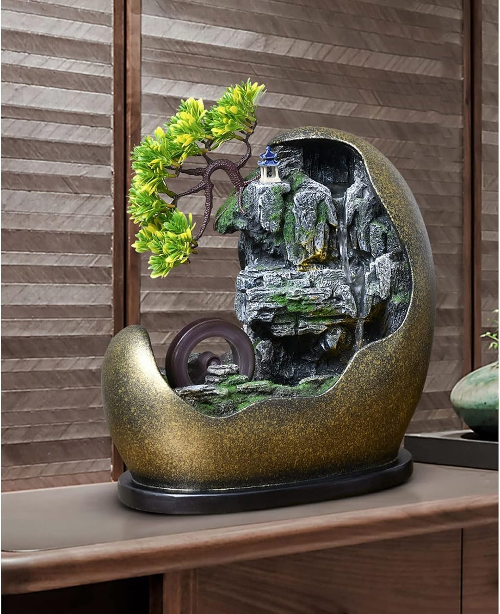 Desktop Fountain Tabletop Water Fountain in Artificial Bonsai Design Indoor Waterfalls Fountains Decorative Feng Shui with Automatic Pump Best Home Gifts for Friends or Family(Gold)