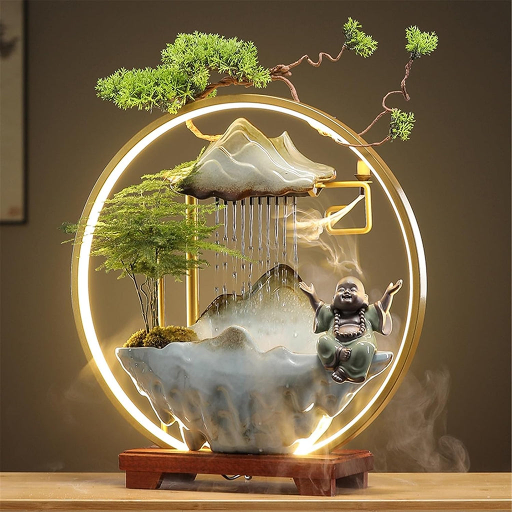 Tabletop Fountain Indoor Waterfall Fountain with LED Light and Incense Holder, Meditation Decoration for Home Office