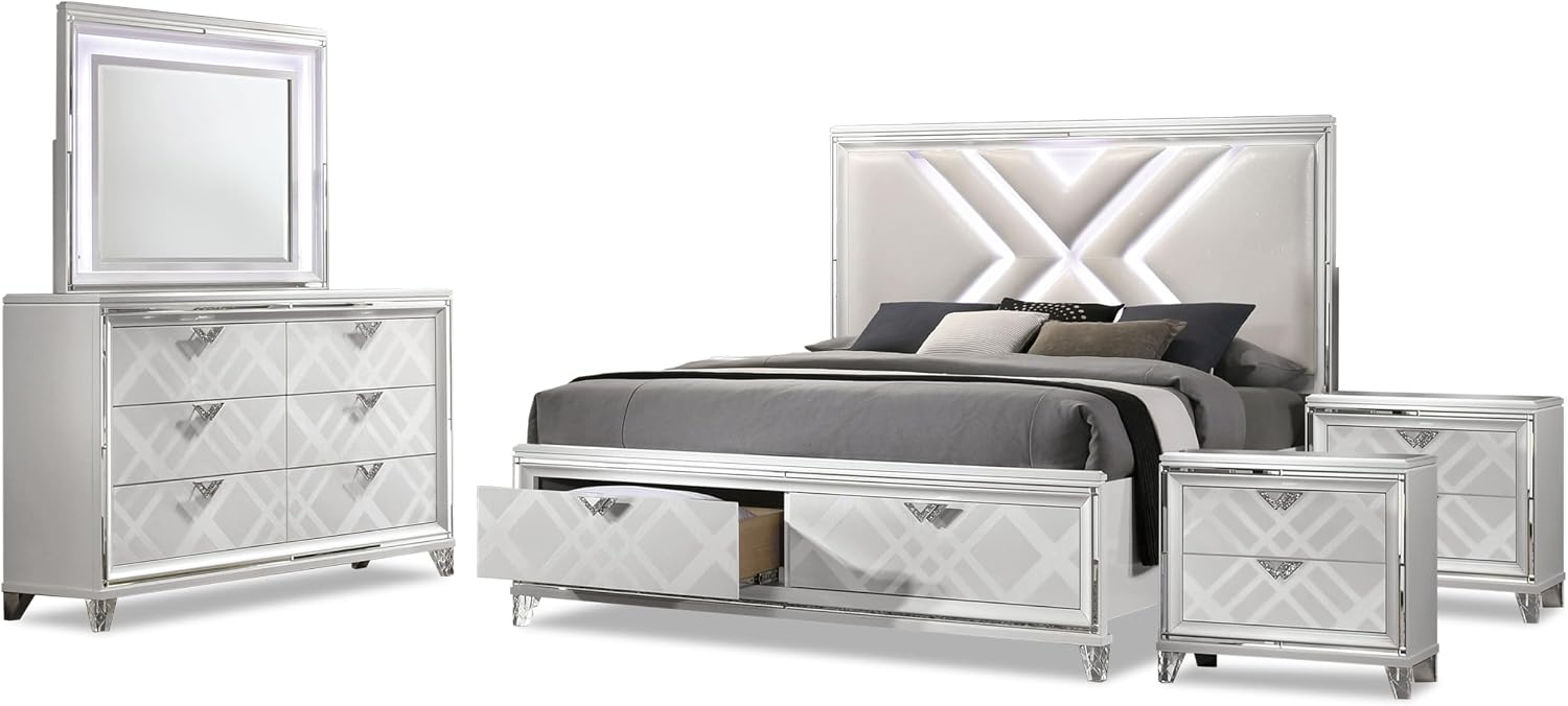 HOMES: Inside + Out Quasar Modern Wood 5-Piece Bedroom Set with LED Lights in Headboard and Mirror, USB Charger Behind Nightstand, Hidden Jewelry Drawers for Bedroom, California King, White