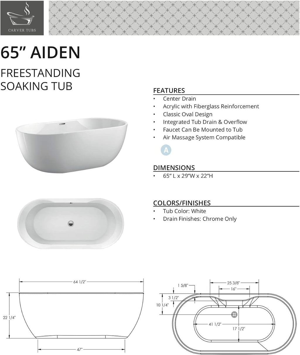 Carver Tubs - Aiden 65' - Modern Freestanding Soaking Bathtub w/Back Heater - White Soaking Acrylic Fiberglass Bath Tub w/Chrome Drain Overflow - Deep Relaxing Soak - 65'L x 32.5'W x 22' H