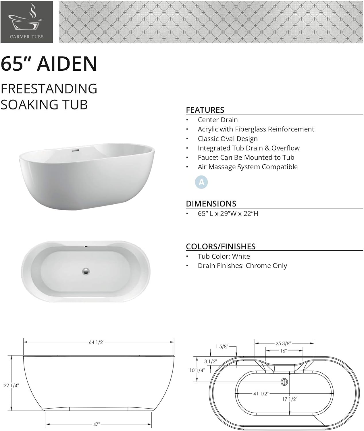 Carver Tubs - Aiden 65' - Modern Freestanding Soaking Bathtub w/Back Heater - White Soaking Acrylic Fiberglass Bath Tub w/Chrome Drain Overflow - Deep Relaxing Soak - 65'L x 32.5'W x 22' H