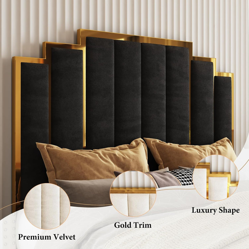AMERLIFE Queen Size Upholstered Bed, Modern Velvet Bed Frame with 61.4' Tall Gold Trim Headboard, No Box Spring Needed, Black