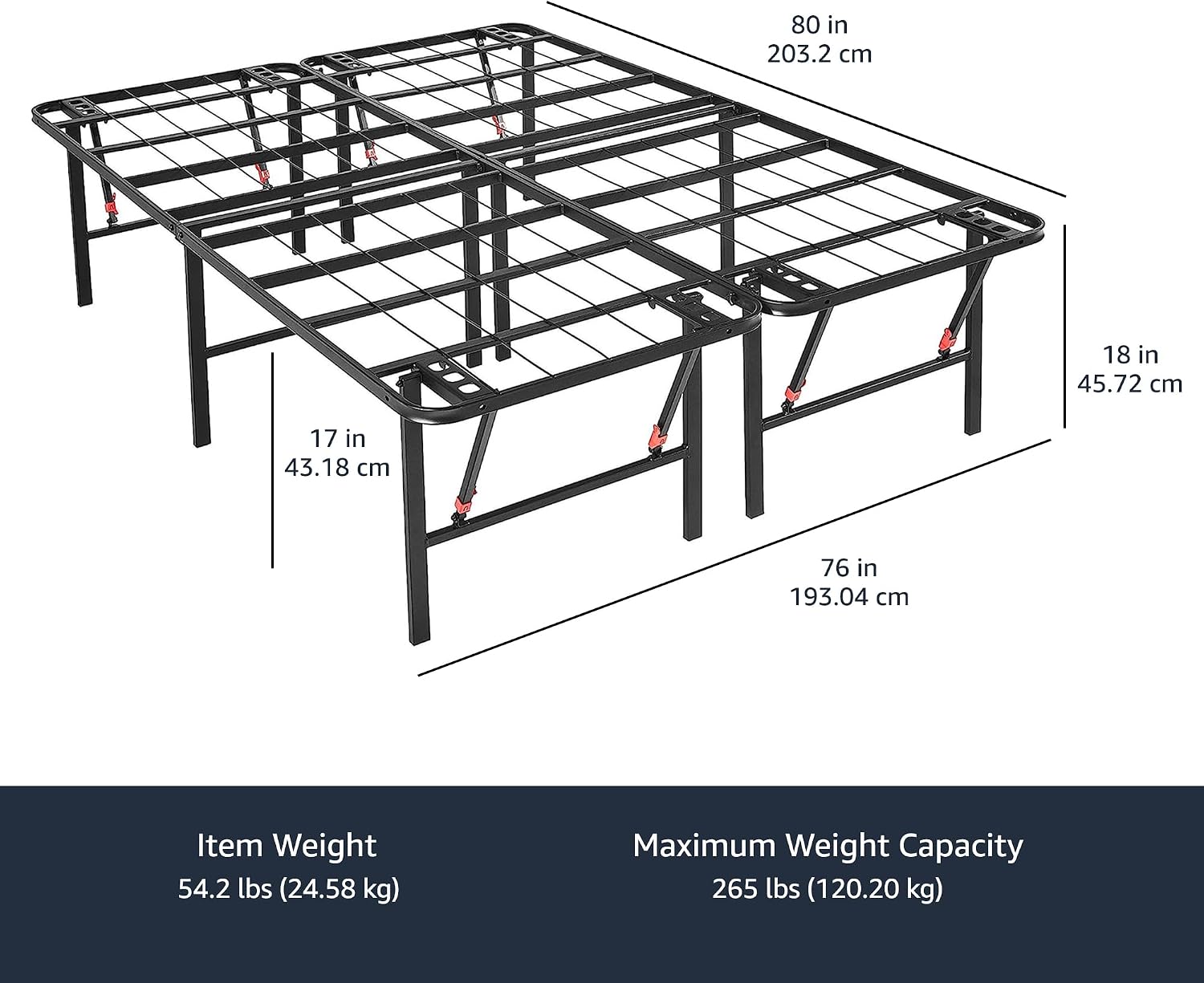 Amazon Basics Foldable Metal Platform Bed Frame with Storage Space, Sturdy Steel, No Box Spring Needed, 18 Inches High, Tool-Free Setup, Noise Free, King Size, Black