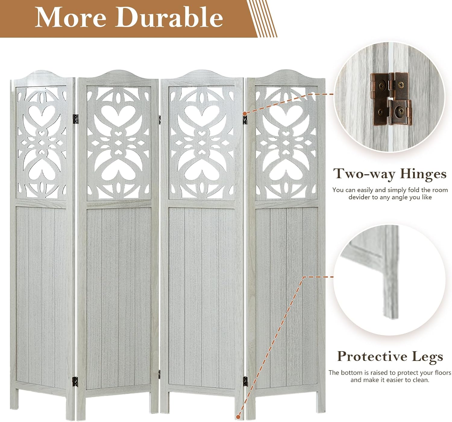 Wood Room Divider 4 Panel 5.6Ft Carved Room Divider and Folding Privacy Screen, Minimalism Portable Partition Screen Divider for Room Separation, Room Decoration for Home Office - White