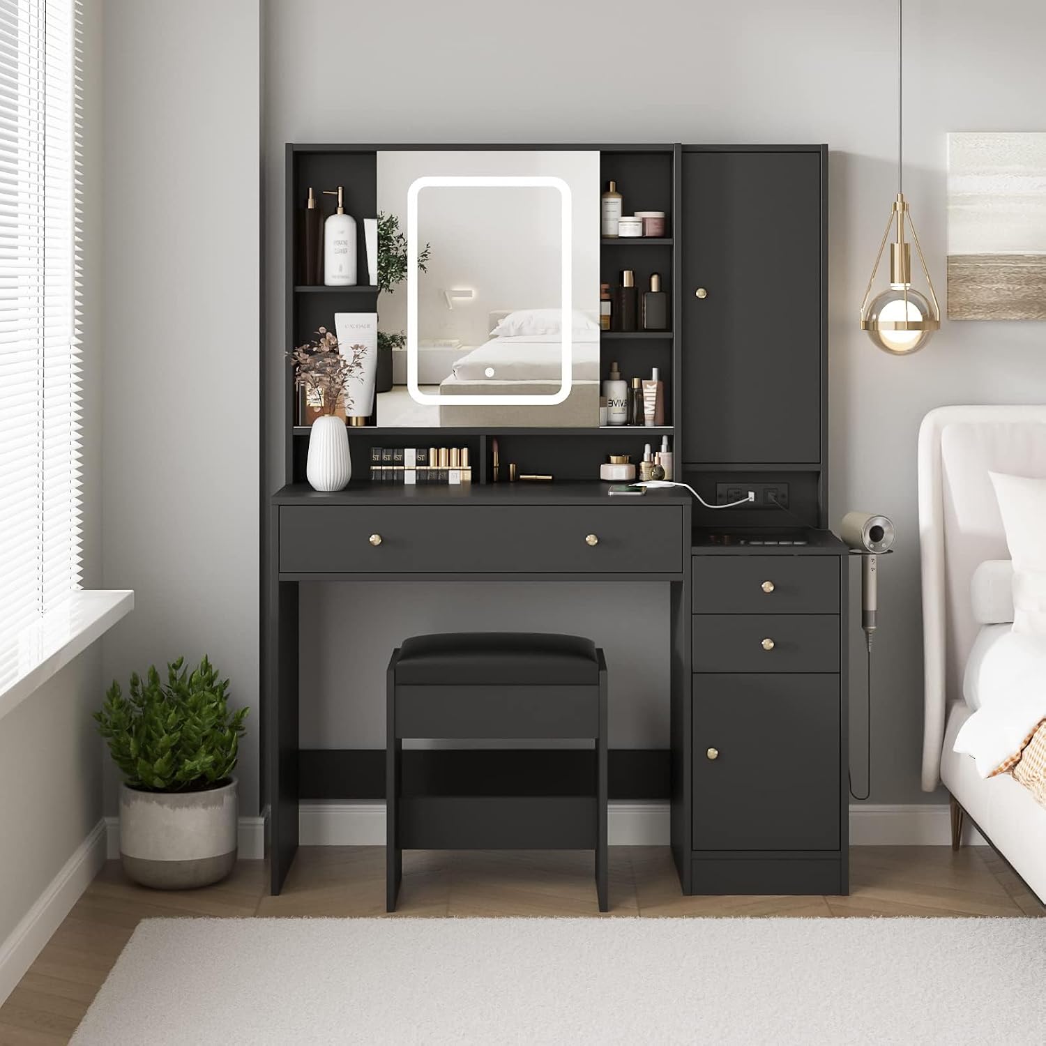 Vabches Vanity Desk with Mirror and Lights, Vanity Table Makeup Vanity with Lights 3 Drawers and Cabinets, Charging Station & Sliding Door, Lots Storage Shelves