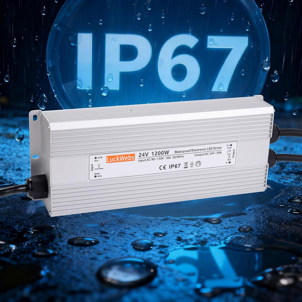 LED Driver 24V 1200W Waterproof Power Supply AC 90-130V to DC 24V50A Low-Voltage Transformer IP67 Rated Converter Suitable for High-Power LED Lighting and Any 24V DC Equipment