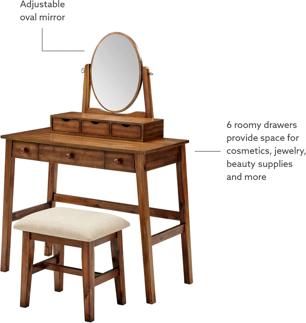 Linon MidCentury Walnut Upholstered Seat Beverly Vanity Set, Medium