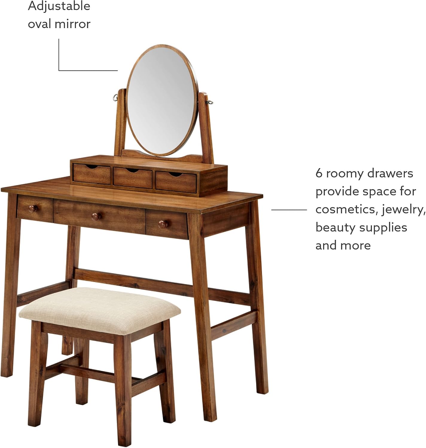 Linon MidCentury Walnut Upholstered Seat Beverly Vanity Set, Medium