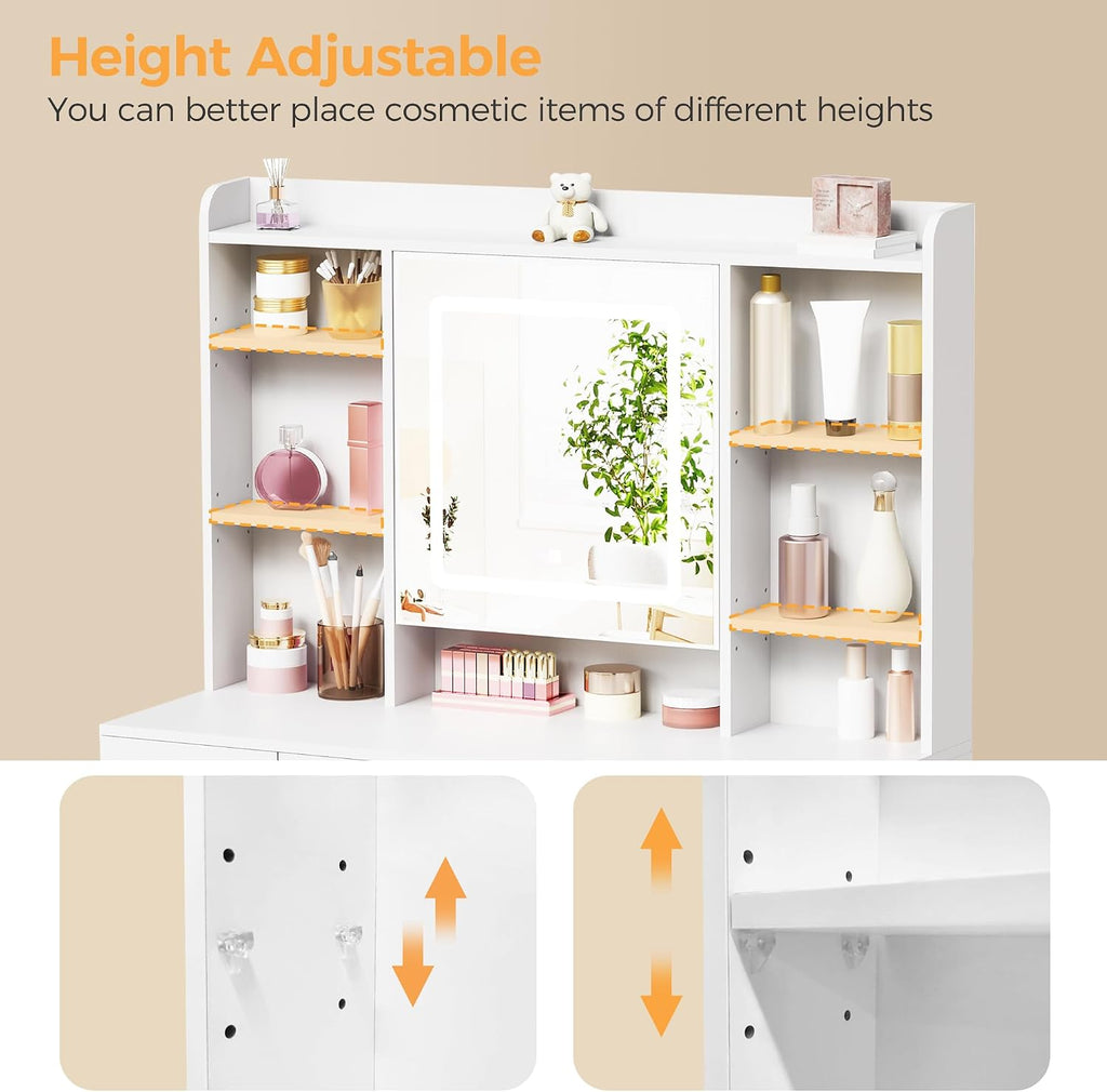 BEWISHOME Vanity Desk with Mirror and Lights, Makeup Vanity Table with Power Outlet,Stool Vanity Table with 9 Drawers 6 Storage Shelves Jewelry Storage,Dressing Table for Bedroom Girls White FST36W