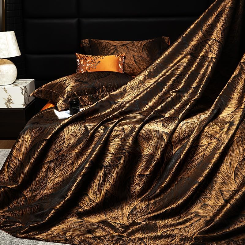 100% Long Staple Cotton Luxury 6-Piece Set, Elegant Black and Gold Satin Bedding Set, 3D Embroidered Jacquard, Quilt Cover，Sheet+2 Pillowcases and 2 Cushion Covers (Black Gold,Full)