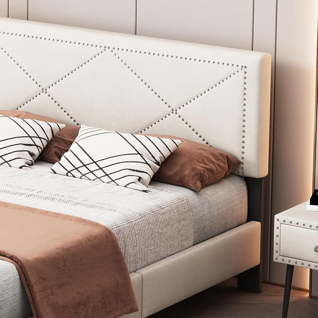 VilroCaz Exquisite 4-Pieces Bedroom Sets Queen Size Upholstered Bed Frame with Rivet Design Headboard, 2 Nightstands and Tufted Storage Ottoman (Beige-v4)