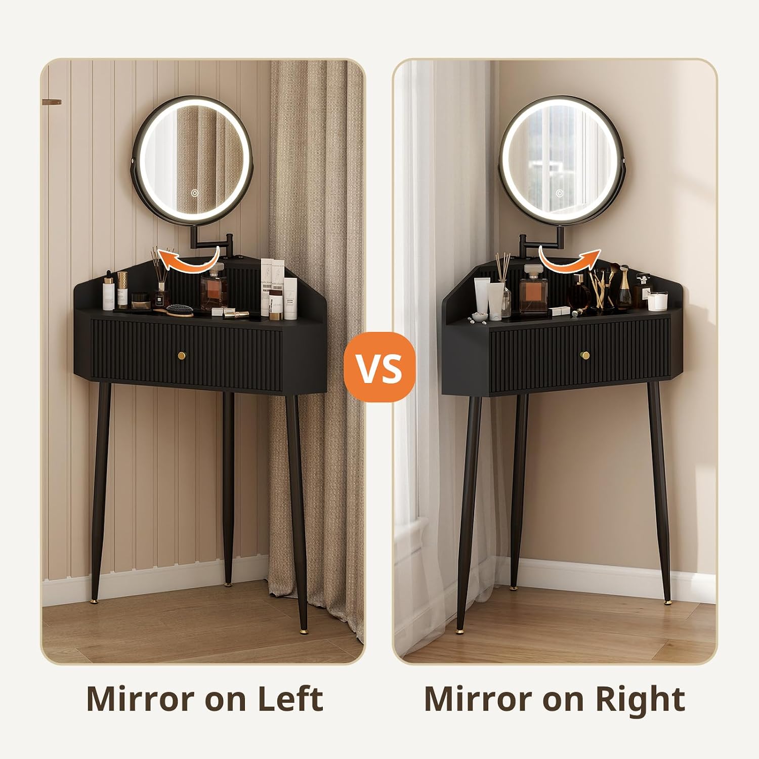 ARTETHYS Corner Vanity Desk with Retractable and Rotating Mirror and Lights Small Modern Black Makeup Vanity Set with Glass Top for Women Compact Girls Dressing Table with Storage for Small Space