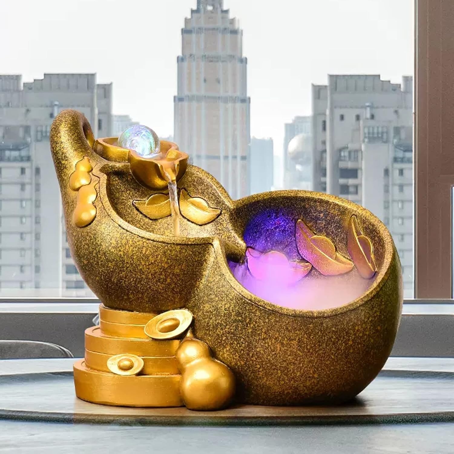Tabletop Fountain Indoor Fountain Tabletop Resin Golden Gourd Mini Waterfall Fountains Water Feature Feng Shui Zen Meditation Desktop with Rolling Ball for Home Office Decor