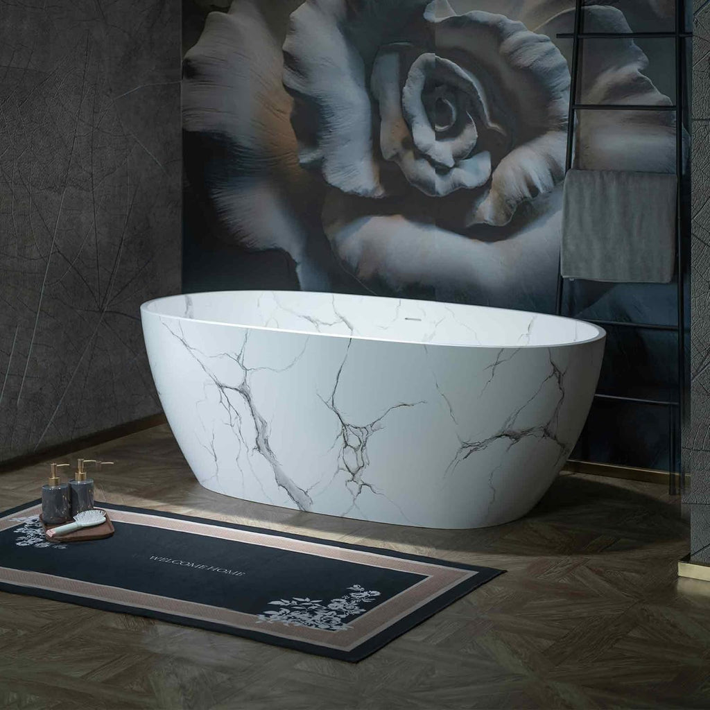 WOODBRIDGE 63' Marble-Pattern Stone Resin Freestanding Soaking Tub, Modern Oval Solid Surface Bathtub with Integrated Slotted Overflow & Drain, Matte Finish, CST0744