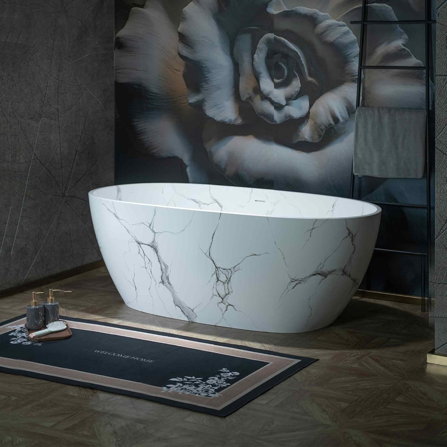 WOODBRIDGE 63' Marble-Pattern Stone Resin Freestanding Soaking Tub, Modern Oval Solid Surface Bathtub with Integrated Slotted Overflow & Drain, Matte Finish, CST0744