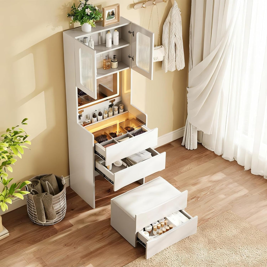 3 in 1 Vanity Desk Makeup Vanity Table with Mirror & Storage Stool, Makeup Dressing Table with Adjustable Lights, Side Sliding Tray and Stool, White