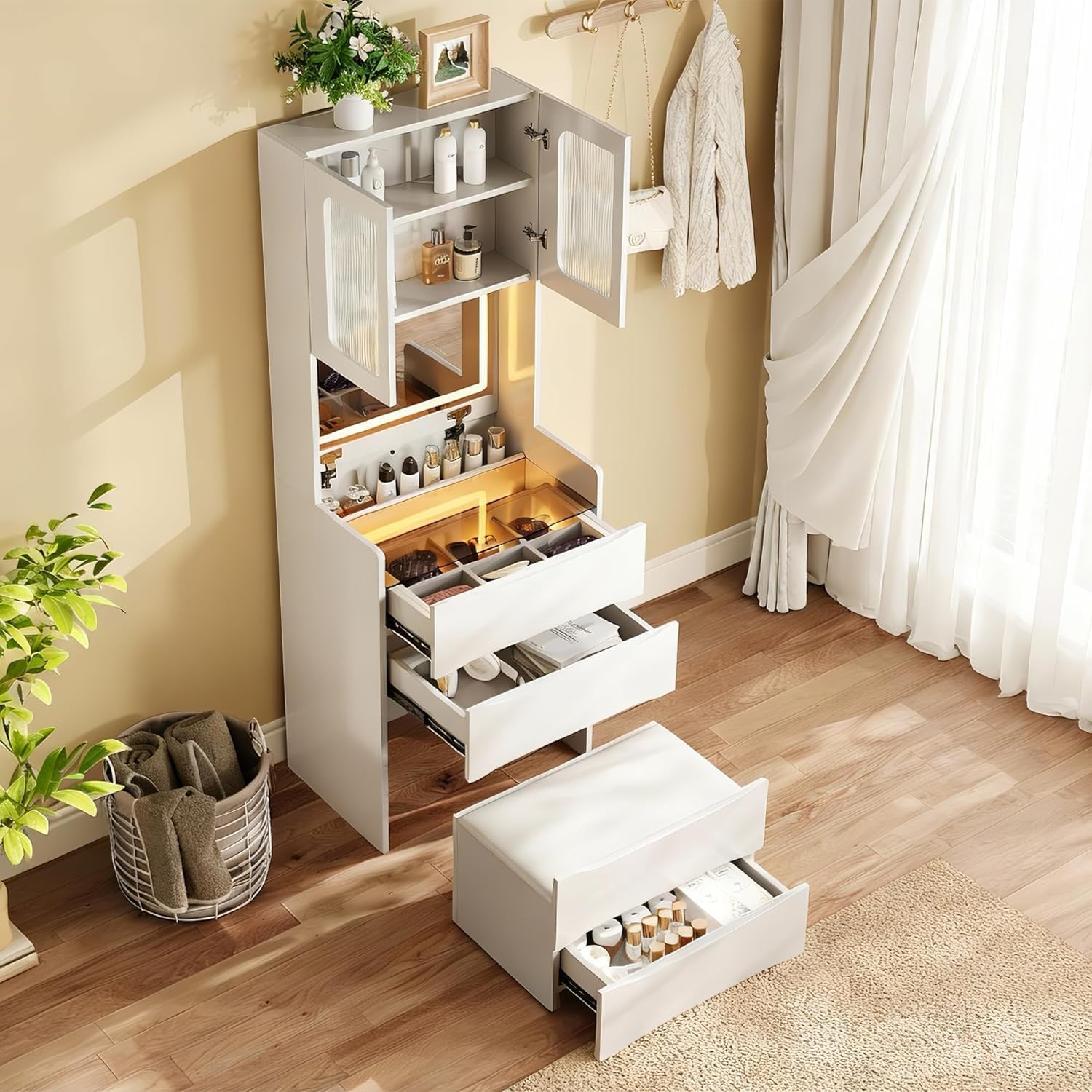 3 in 1 Vanity Desk Makeup Vanity Table with Mirror & Storage Stool, Makeup Dressing Table with Adjustable Lights, Side Sliding Tray and Stool, White