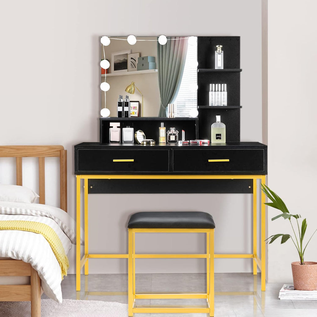 VINGLI Large Vanity Set with Lighted Mirror,Modern Makeup Vanity Table Set with LED Lights in 3 Colors,Bedroom Dressing Table with 2 Large Drawers and Storage Shelves for Women,Black&Gold
