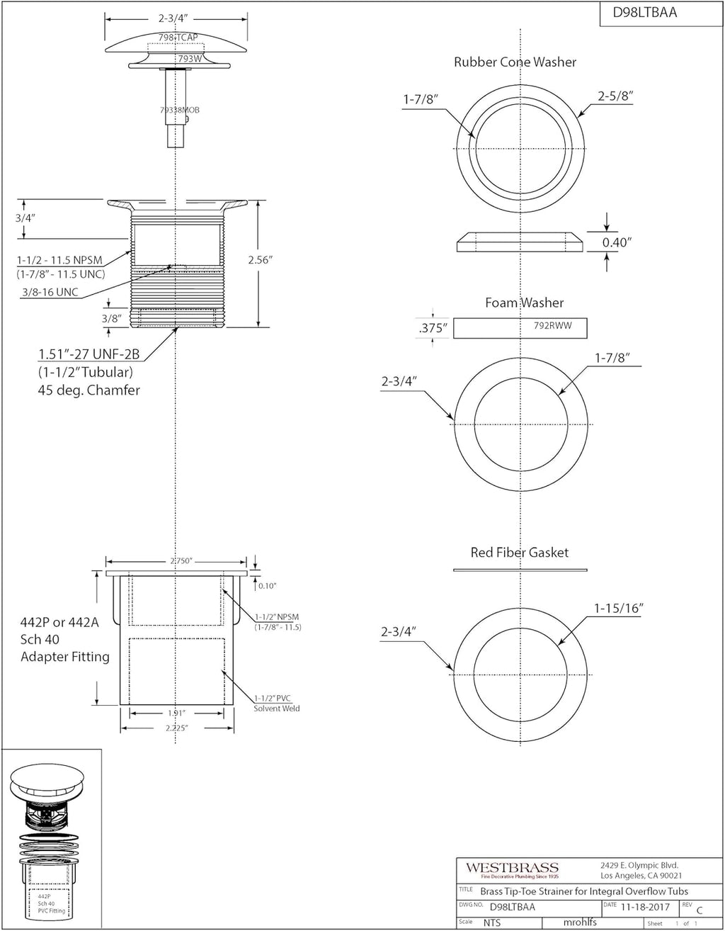 Westbrass D98LTBPA-12 Integrated Overflow Drain 1-1/2 in. NPSM Coarse Thread Tip-Toe Mechanism with PVC Adapter, Oil Rubbed Bronze
