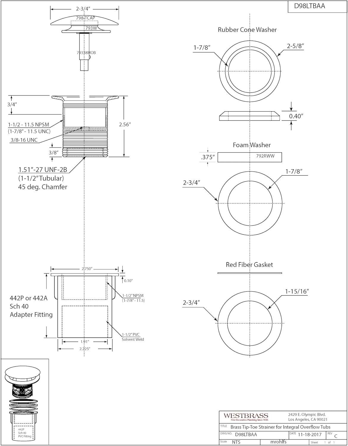 Westbrass D98LTBPA-01 Integrated Overflow Drain 1-1/2 in. NPSM Coarse Thread Tip-Toe Mechanism with PVC Adapter, Polished Brass
