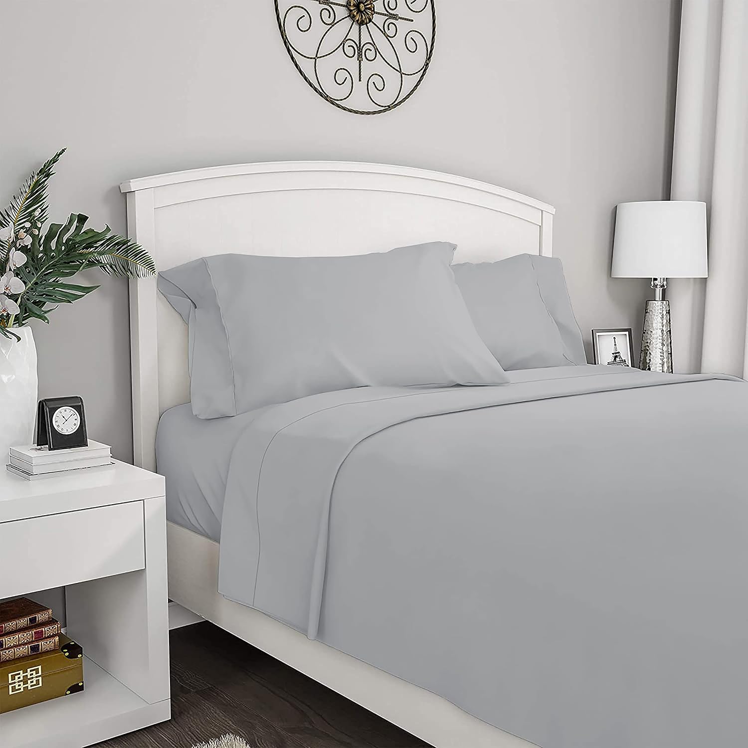 4 Piece Solid Bed Sheet Set- 600TC Egyptian Cotton - Luxury Bedding Set Fits Up to 19 Inches Deep Pocket - 4 Piece Sheet Set (Queen Size, Silver Grey)
