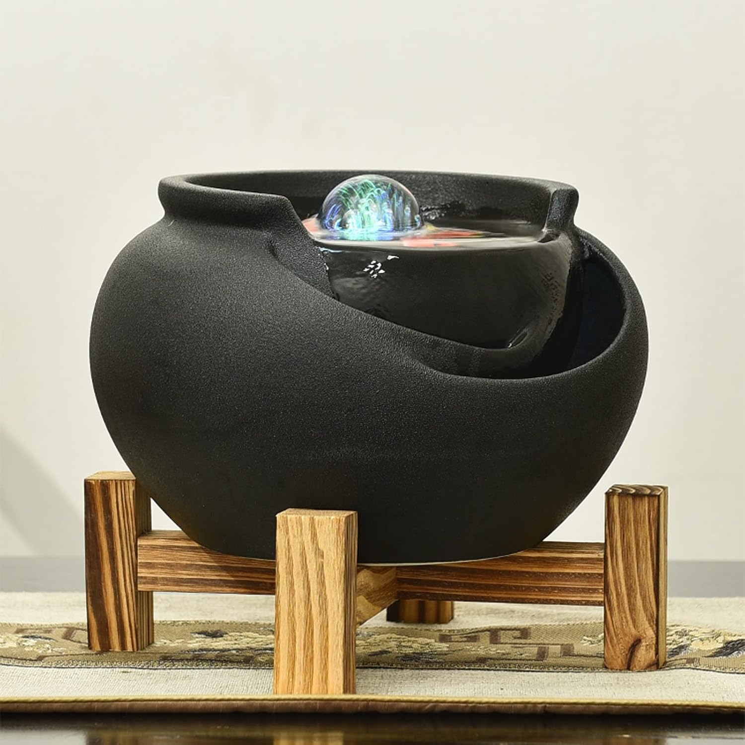 Desktop Fountain Ceramic Tabletop Fountain Home Decor Office Patio Pot for Indoor Use, Black