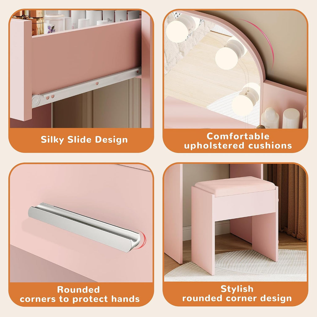 wanan Makeup Vanity with Chair, Small Vanity Desk with Mirror and Lights 3 Colors, Girls Vanity Set with Power Outlet, Compact Vanity Table for Small Space, Pink