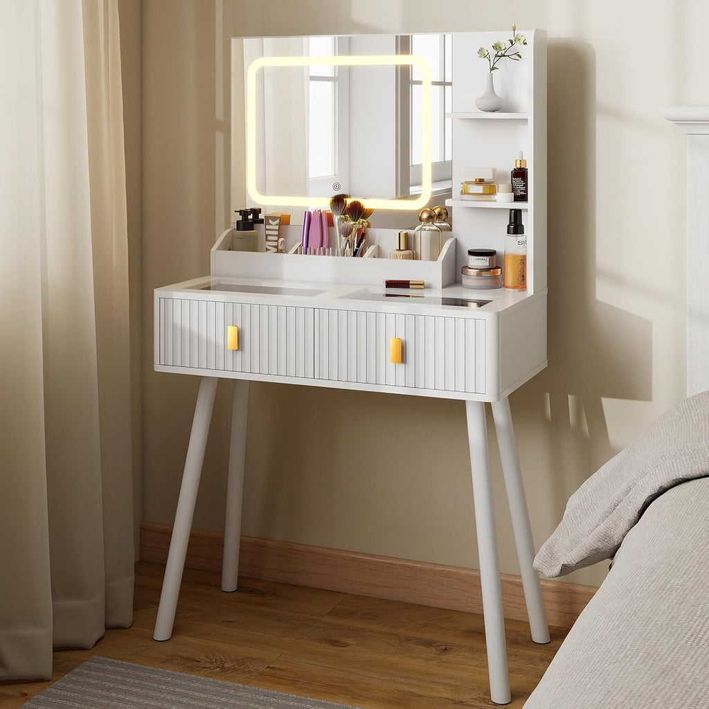 GOODONE 31.5' Fluted Vanity Desk with Mirror LED Lights, Makeup Desk with 2 Drawers, Furniture Clearance Outlet Dressing Table with Glass Top Built-in Dividers for Bedroom, 31.5*15.7*53.8in(White)