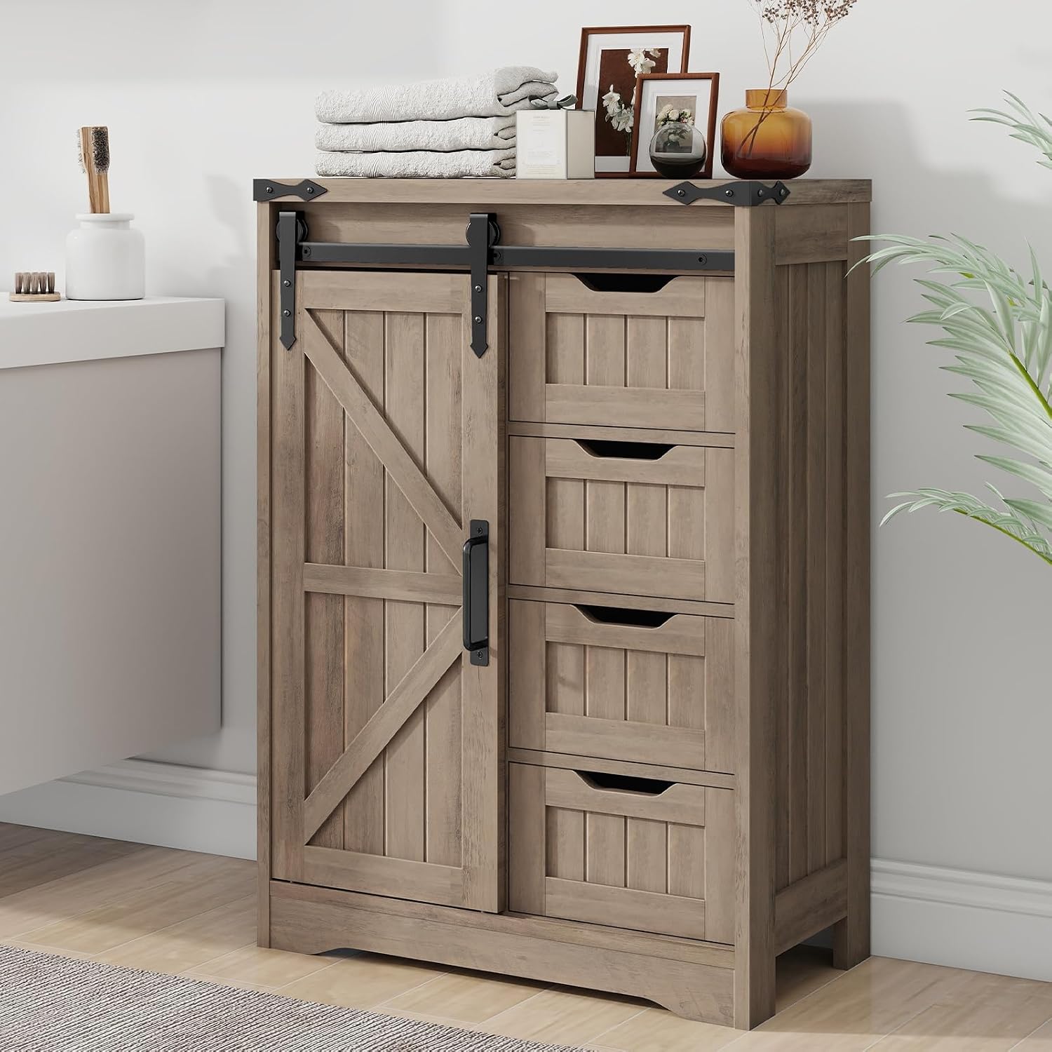 Halitaa Bathroom Farmhouse Storage Cabinet, Floor Cabinet with 4 Drawers, Bathroom Cabinet with Sliding Door, Rustic Storage Organizer for Kitchen, Living Room, Rustic Style, Grey