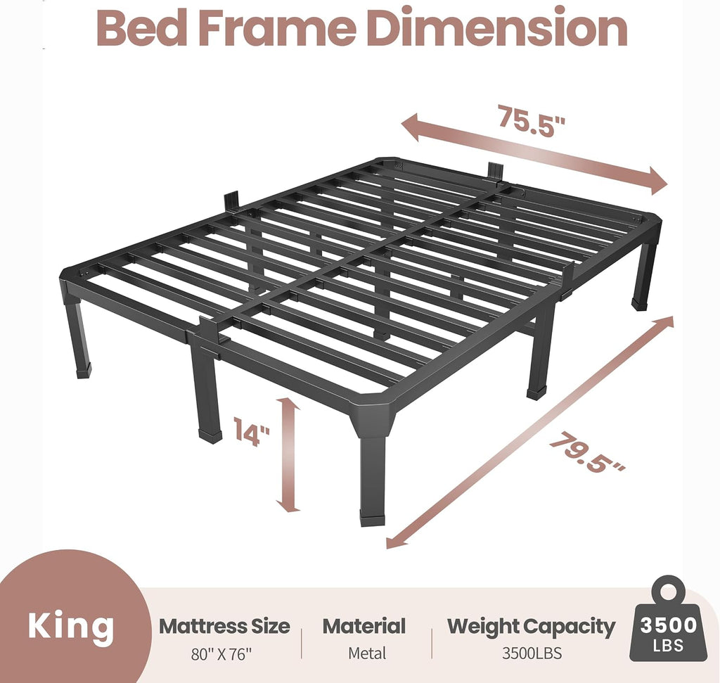 ROIL 14 Inch King Size Bed Frame with Mattress Slide Stopper - Double Black Basic Anti Squeak Steel Slats Metal Platform, Heavy Duty Noise Free Easy Assembly Bedframes, No Box Spring Needed