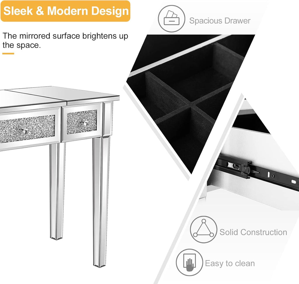 VINGLI Silver Mirrored Vanity Desk, Glass Vanity w/Drawers and Flip Mirror, Bling Mirror Vanity Desk for Women Girls Bedroom, Makeup Room & Office Writing Desk