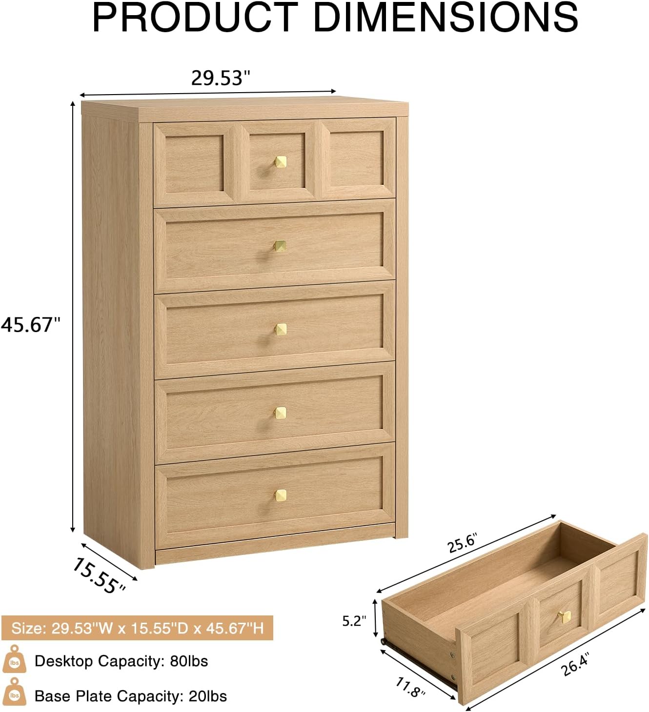 3-Piece Bedroom Set, 5 Drawer Tall Dresser and 3 Drawer King Size Nightstands Set of 2 with Charging Station, 3 Piece Farmhouse Wood Bedroom Dresser and Nightstand Sets, Natural