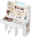 Furmax Vanity Desk with Mirror and LED Lights, Makeup Vanity Table with 3 Lighting Color, Adjustable Brightness, Vanity Table with 2 Drawers, Side Storage, for Bedroom (White, with Bench)