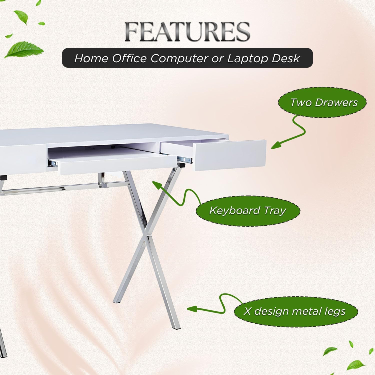 Kings Brand Furniture Contemporary Style Home & Office Desk, White/Chrome