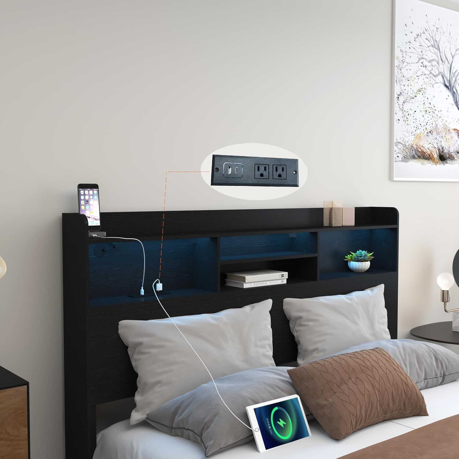 Ball & Cast Full Bed Frame with 4 Storage Drawers,Metal Platform Beds Frame W/Storage Headboard,Led and Charging Station,No Box Spring Needed,Noise-Free,Bedroom Furniture for Apartment,Black