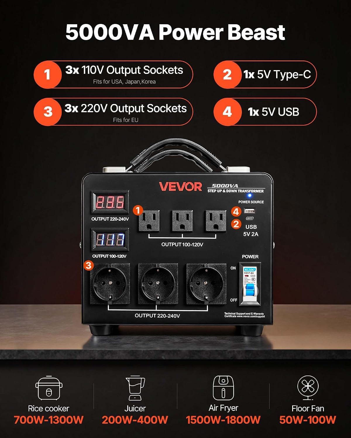 VEVOR Voltage Auto Converter Transformer, 5000VA, Heavy Duty Step Up/Down Power Transformer, 110V to 220V and 220V to 110V, with 3 US Outlets, 3 EU Outlets, LCD Display, Circuit Breaker Protection