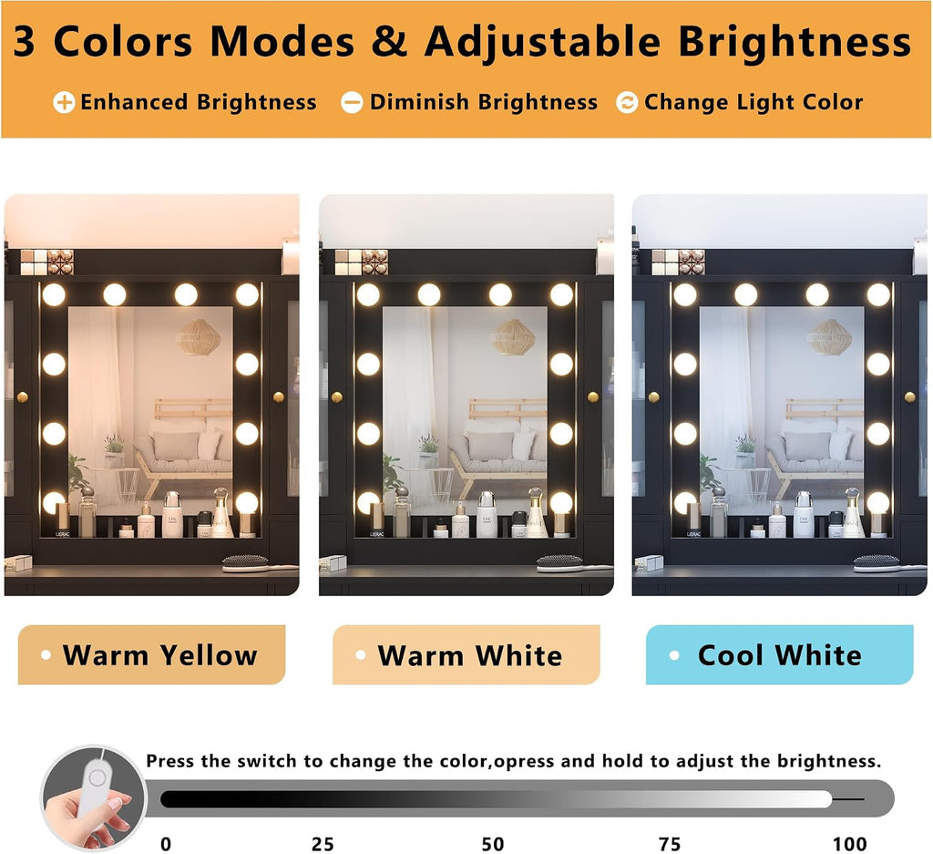 Wodeer Vanity Desk with Mirror and Lights, 43' Black Makeup Vanity Set with 5 Drawers & Glass Cabinets, Power Outlet, Adjustable LED Lights & Makeup Tray, Dressing Table for Women & Girls Bedroom