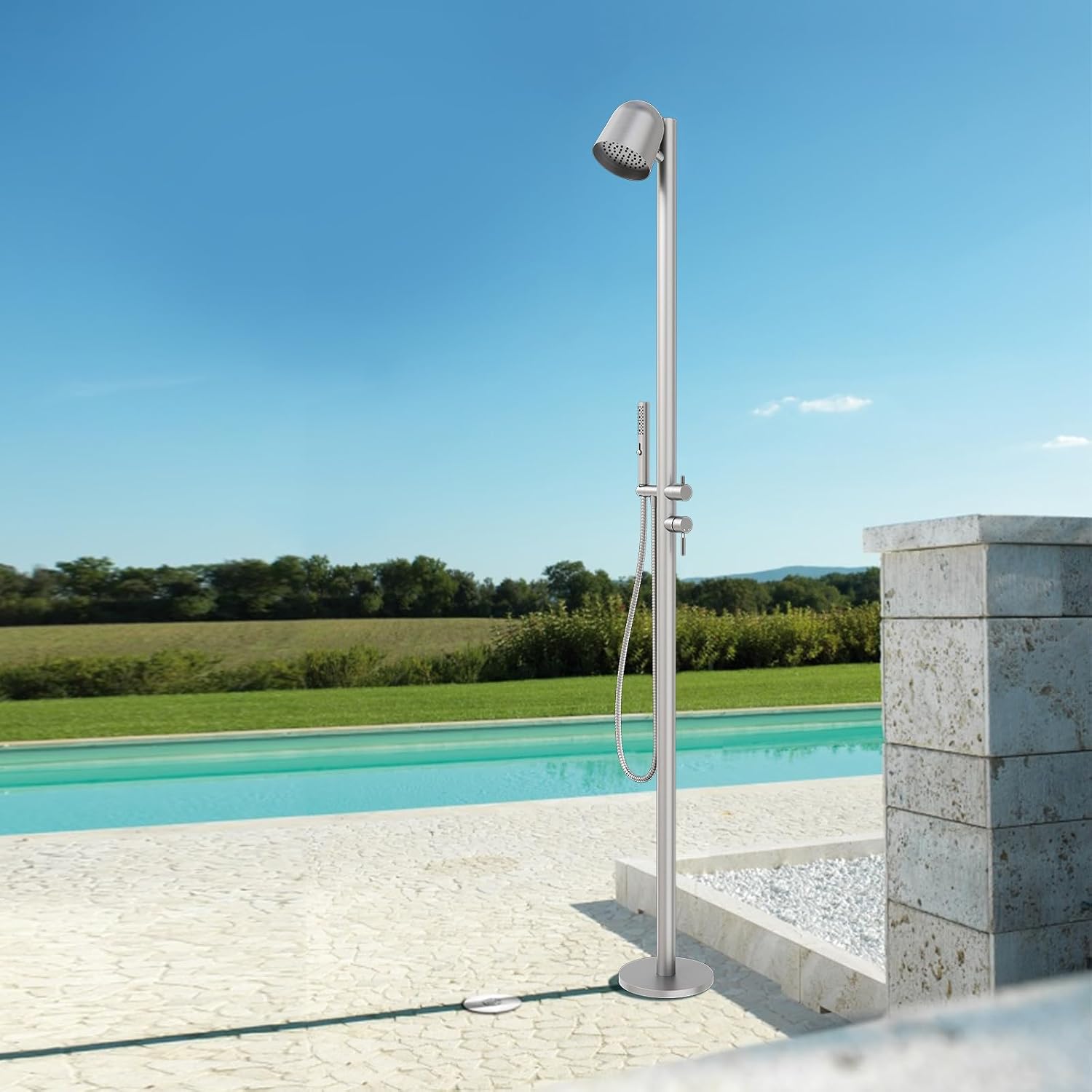 Freestanding Outdoor Shower Faucet Set, Outdoor Shower Kit with 3-Function Handheld Shower and Rain Shower, Stainless-Steel Outdoor Shower System for Patio, Pool, Garden - Brushed Nickel
