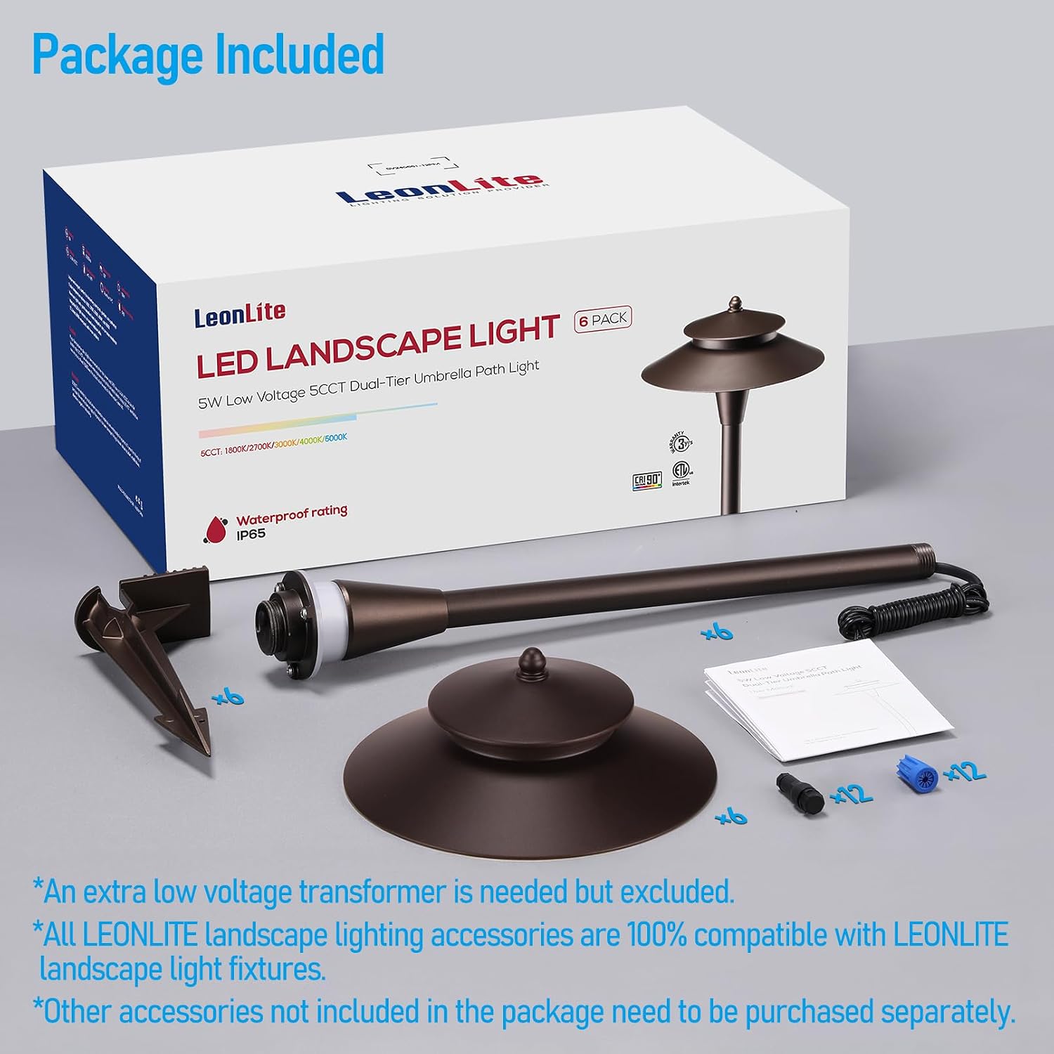 LEONLITE 5CCT Low Voltage Pathway Lights, LED Landscape Path Lights, 1800/2700/3000/4000/5000K, Double Layer Head, 12-24V AC/DC, IP65 Outdoor Walkway Light, Oil Rubbed Bronze Aluminum, Pack of 6