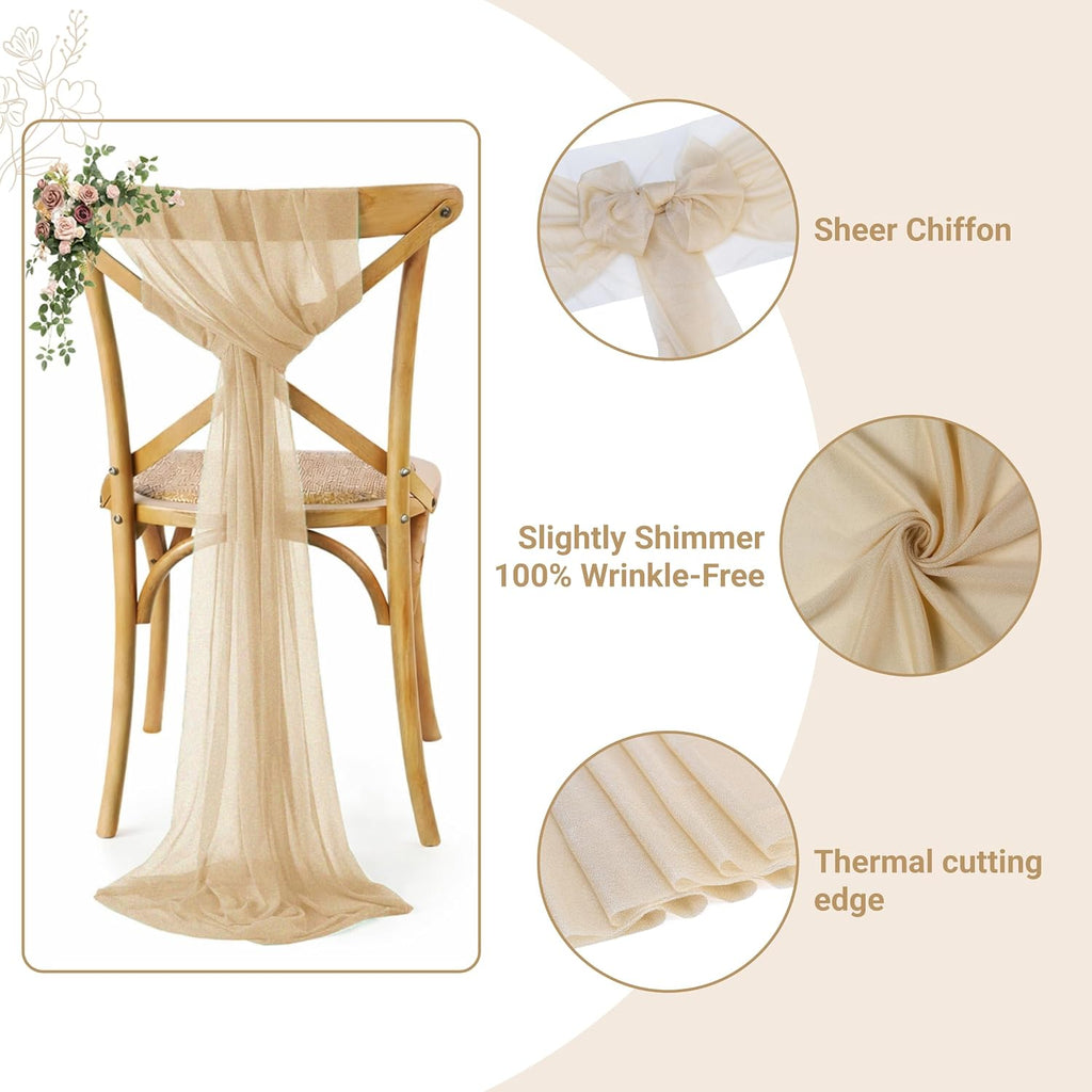 MDS® Pack of 75 Chiffon Chair Sashes Bows for Wedding Events Supplies, Decorations for Birthday Party, Graduation, Engagement, Chair Sashes fits Banquet Chair Cover Tie Back Band - Champagne Gold
