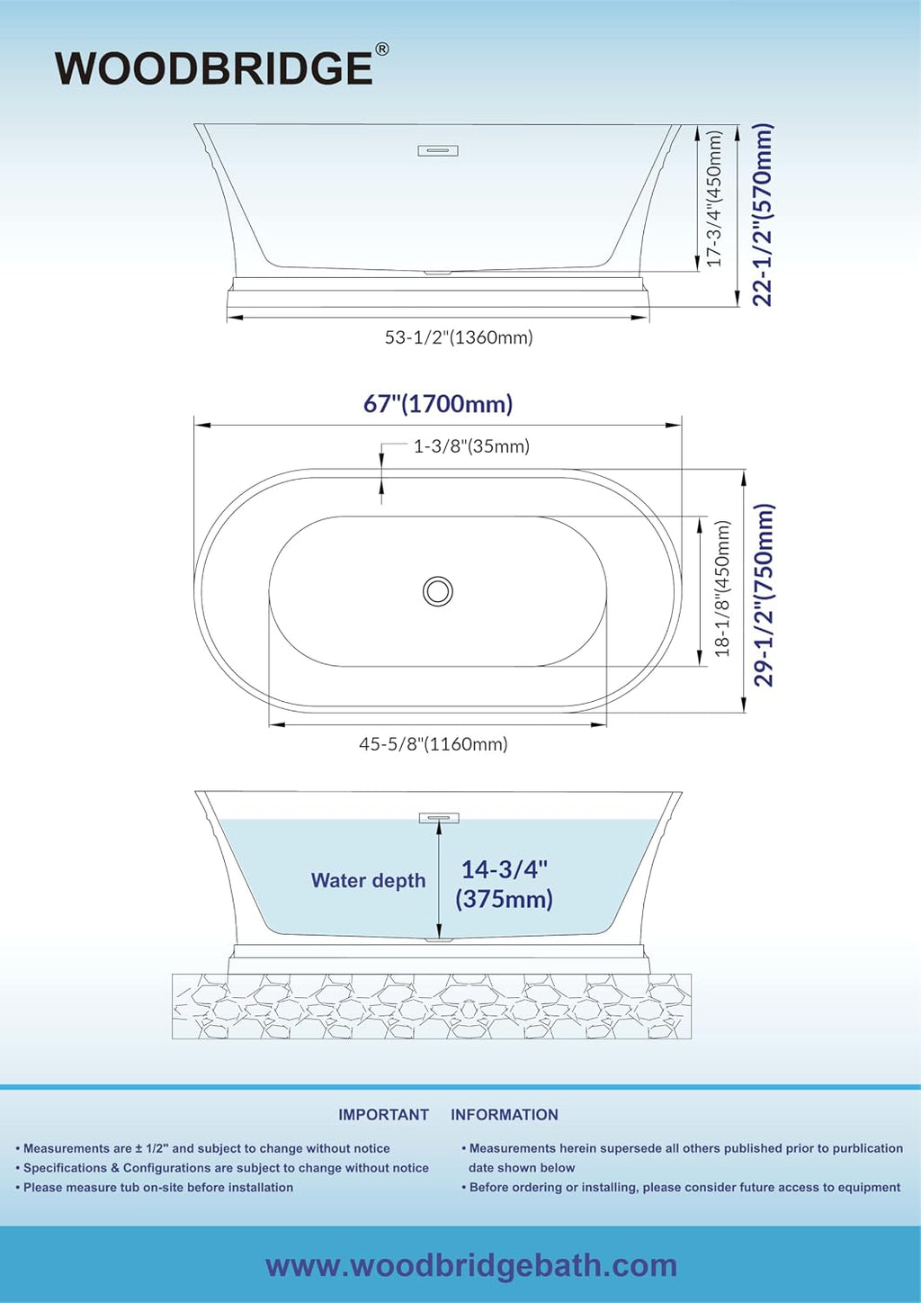 WOODBRIDGE BTA1537-B/N-Drain&O Bathtub, Brushed Nickel