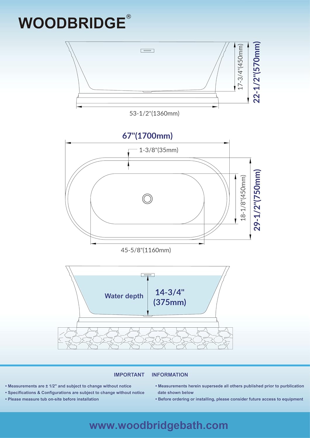 WOODBRIDGE BTA1537-B/N-Drain&O Bathtub, Brushed Nickel