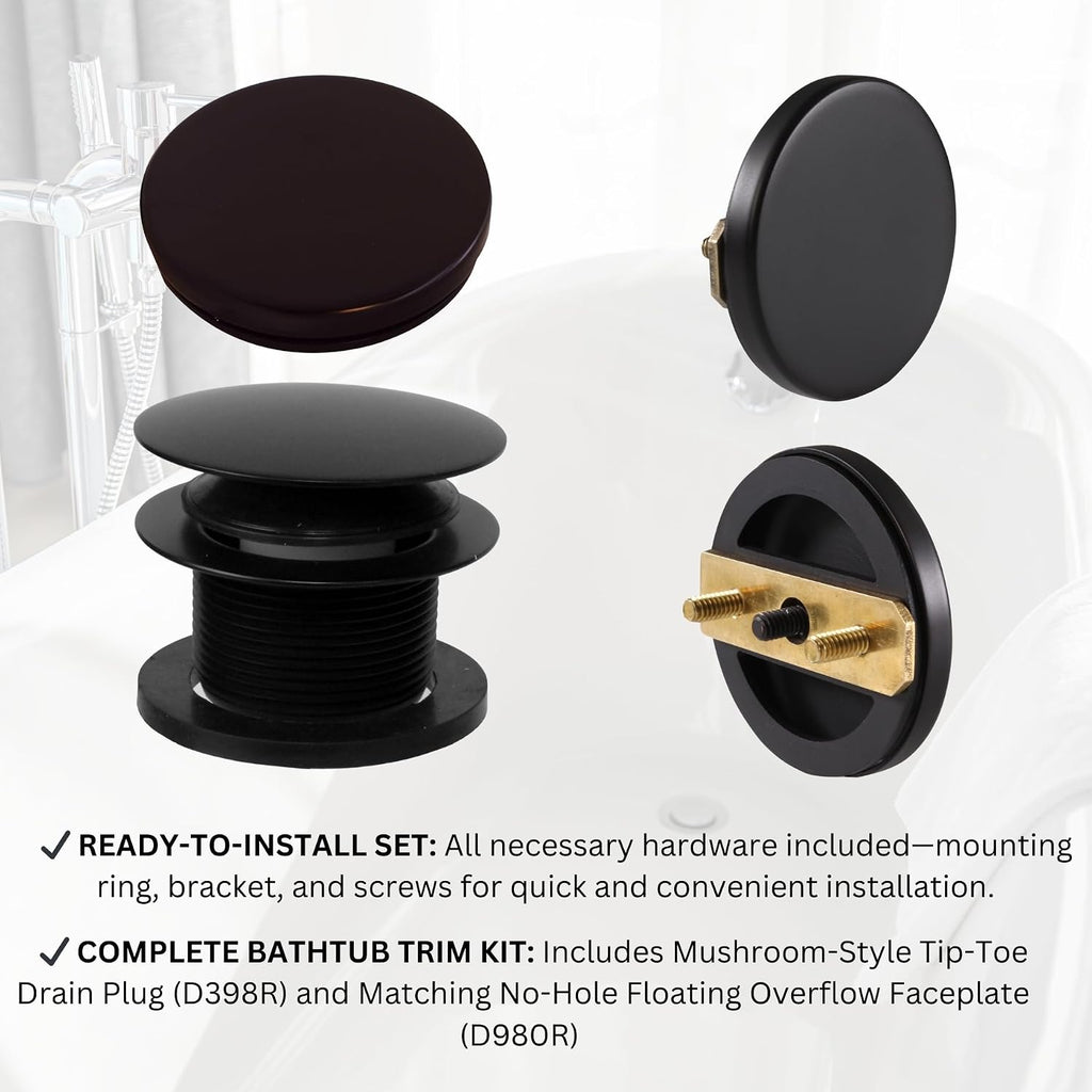 Westbrass D398RK-50-62 1-1/2' NPSM Coarse Thread Mushroom Tip-Toe Bathtub Drain Stopper with Illusionary Overflow Faceplate, Matte Black (50-Pack)