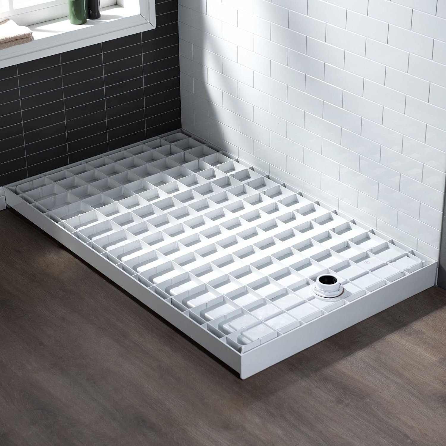 WOODBRIDGE Solid Surface Shower Base with Recessed Trench Side Including Oil Rubbed Bronze Linear Drain Cover L x W x H, 60'L x 30'Wx 4'H,Right Drain,White Color