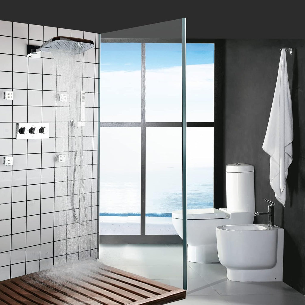 Chrome Polished Waterfall Rain Shower Head System Wall Mounted Brass Hotel Shower and Handheld Sprays Massage Spa Body Combo Set