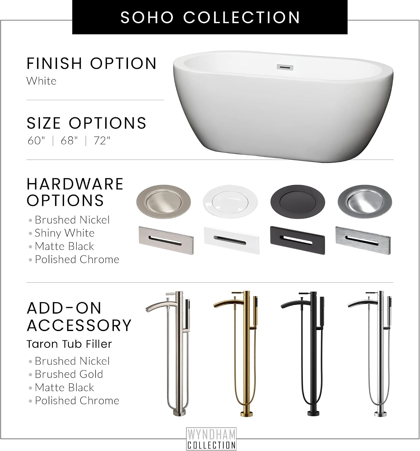Soho 60 inch Freestanding Bathtub in White with Brushed Nickel Drain and Overflow Trim