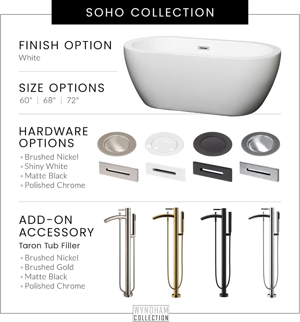 Soho 68 Inch Freestanding Bathtub in White with Polished Chrome Trim and Floor Mounted Faucet in Brushed Gold