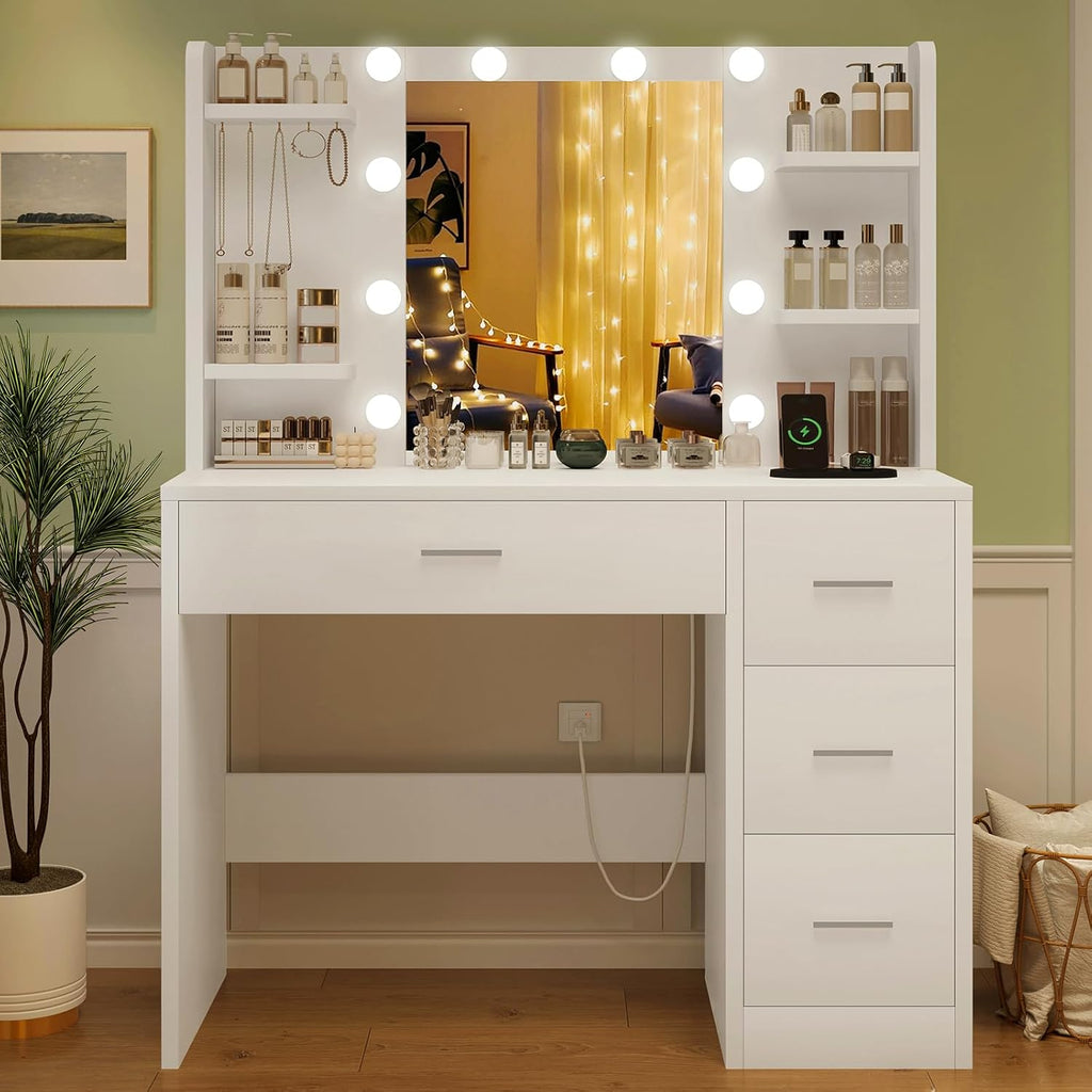 Quimoo Vanity Desk with Mirror and Lights, Makeup Vanity with Power Outlet and 4 Drawers & 6 Shelves & 5 Hooks, 3 Color Modes & Adjustable Brightness, White Vanity for Bedroom