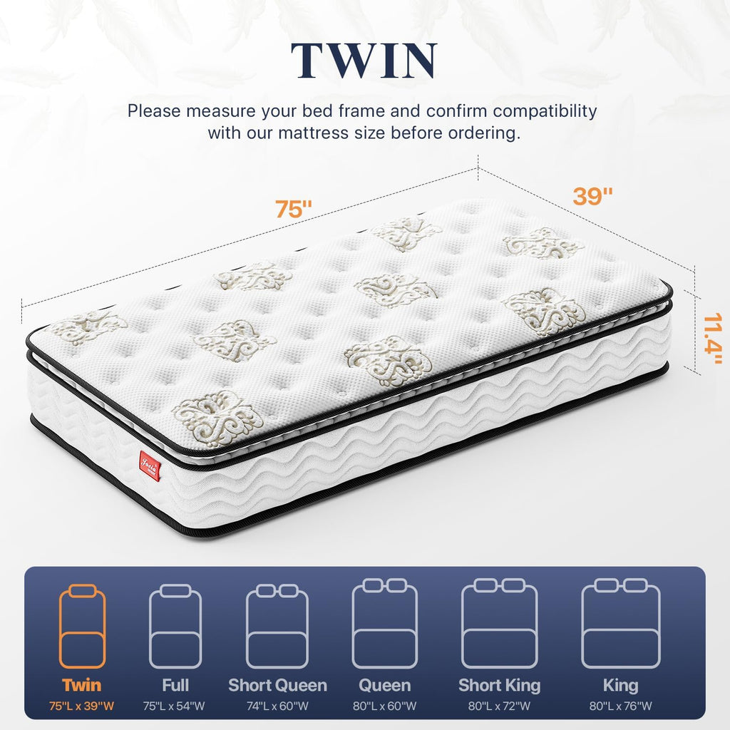 Jacia House Twin Mattress 11.4 Inch Memory Foam Innerspring Independently Encased Coil Hybrid Mattress - Pillow Top Mattress in a Bag 75' L x 39' W