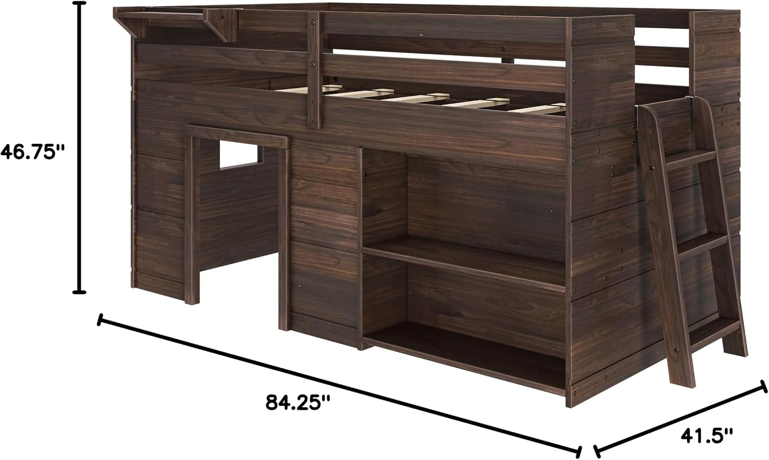Max & Lily Modern Farmhouse Low Loft (Twin), with Bookcase, Barnwood Brown